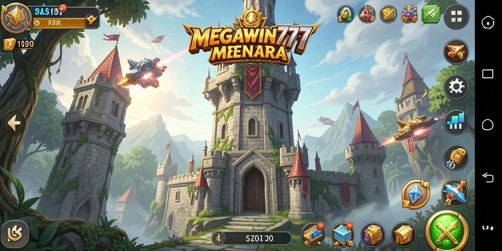 Tampilan gameplay MEGAWIN777 dengan menara dan musuh dalam pertarungan.