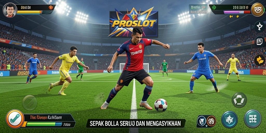 Screenshot gameplay PROSLOT menampilkan aksi sepak bola yang mendebarkan.