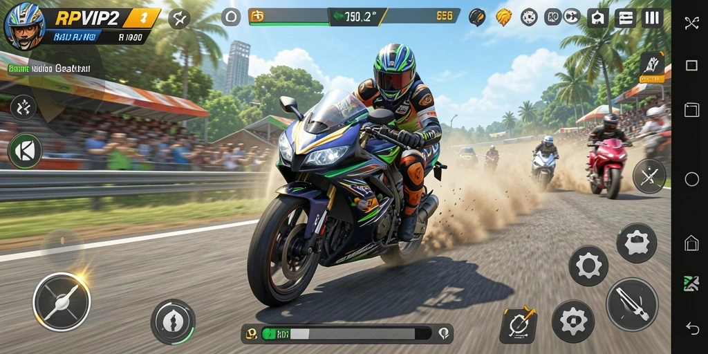 Gameplay RPVIP2 yang mendebarkan dengan balapan motor yang intens.