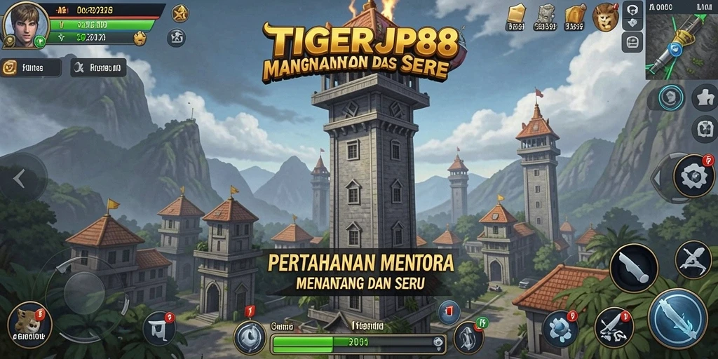 Tampilan gameplay seru dalam TIGERJP88 dengan menara dan musuh yang bervariasi.